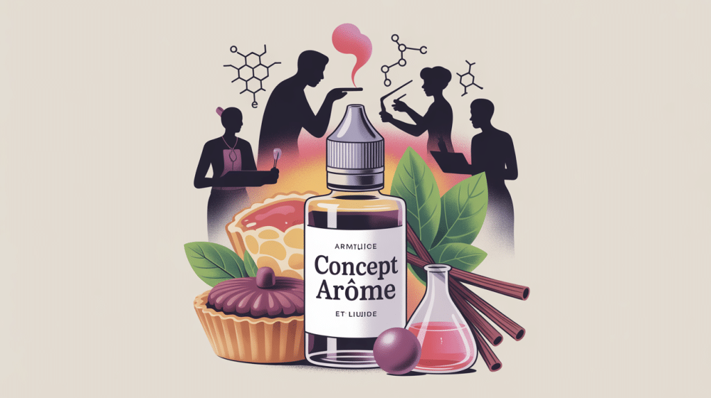 concept arome flacon entouré d'éléments gourmands et molécules