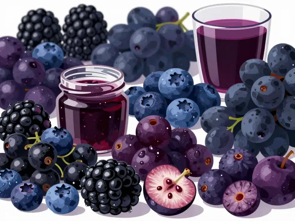 photo stylisée fruit noir comestibles mûres myrtilles cassis