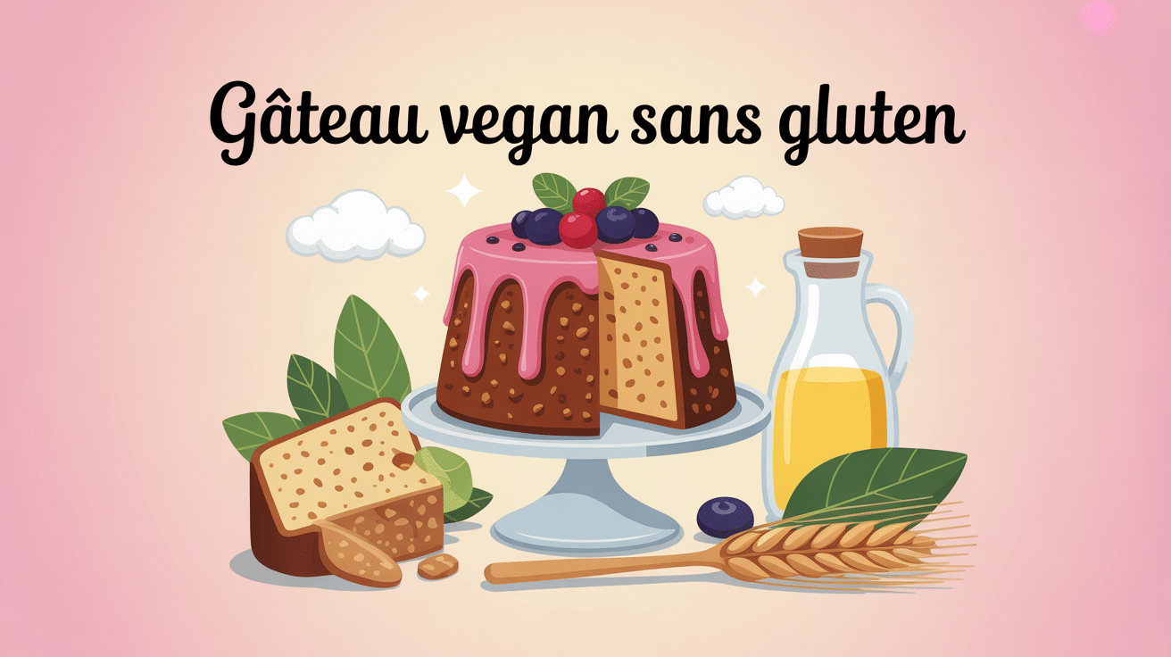 gateau vegan sans gluten moelleux sur presentoir avec ingredients