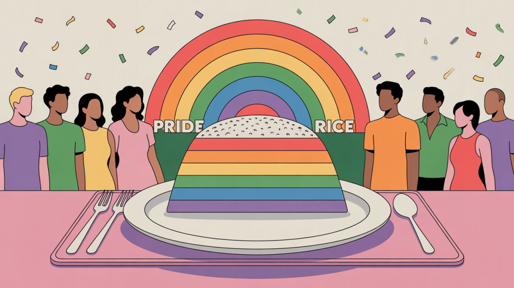 pride rice grand plat rectangulaire riz arc-en-ciel