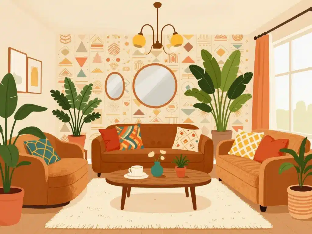 Ambiance salon année 70 déco vintage illustration