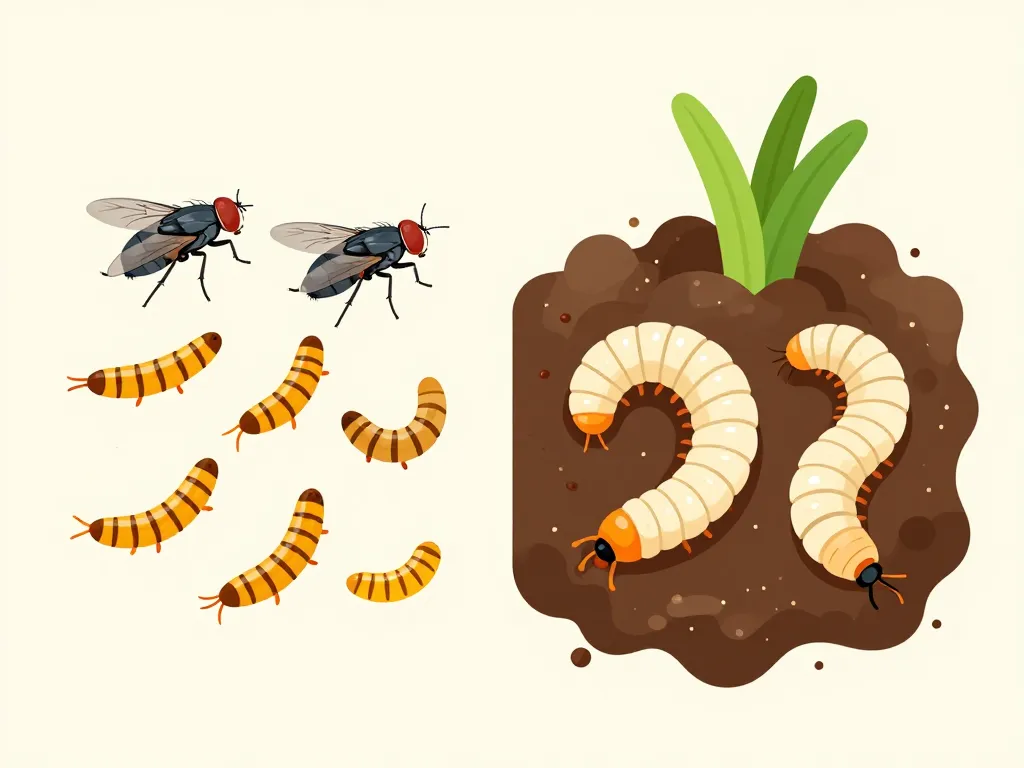 Différents asticots blancs maison terre visuel comparatif