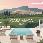 Vue bohème chic de casa maca Ibiza avec finca, piscine et vieille ville au loin