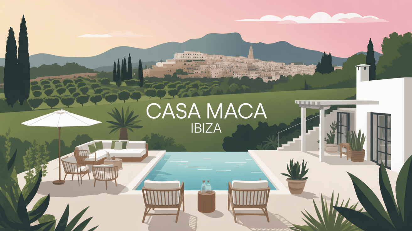 Vue bohème chic de casa maca Ibiza avec finca, piscine et vieille ville au loin