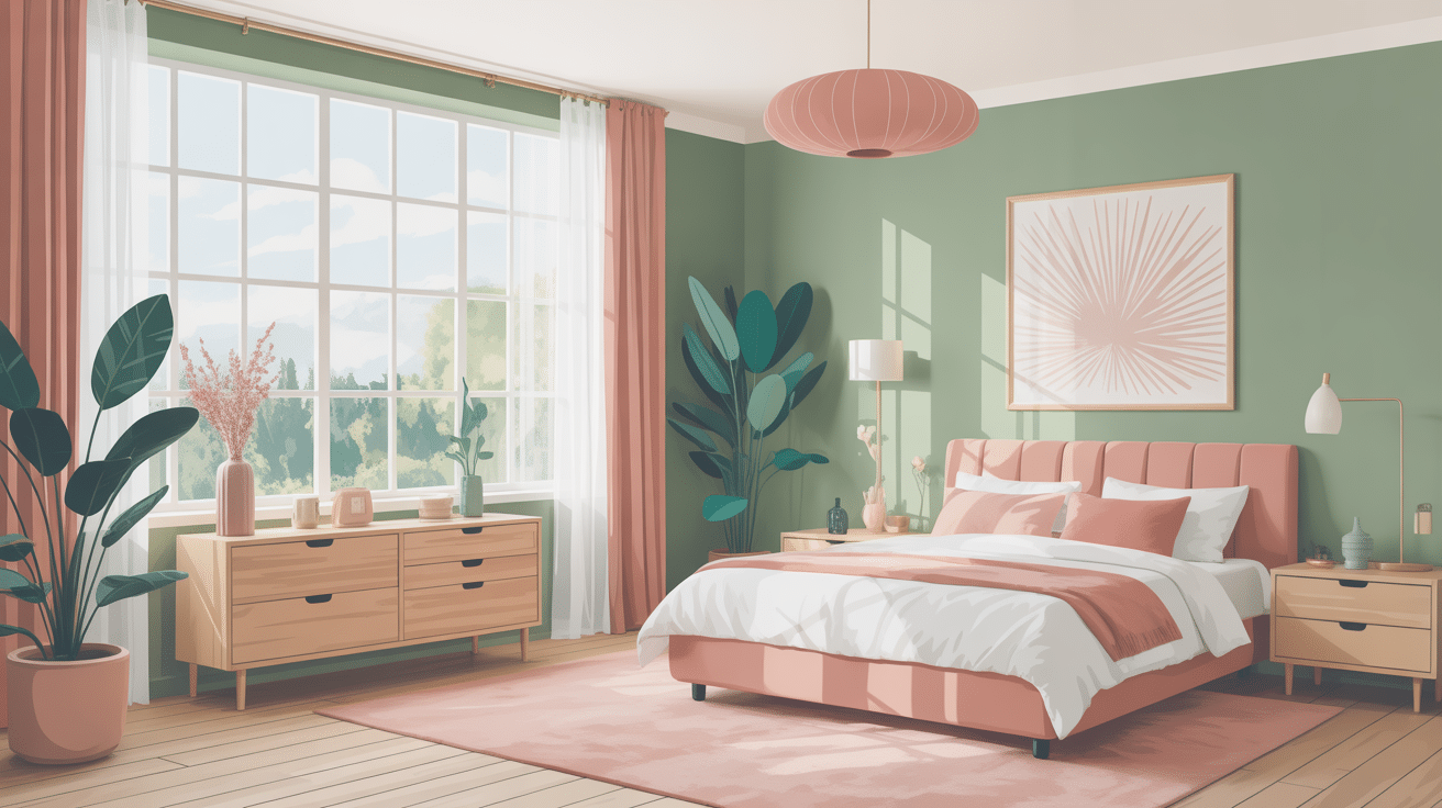 chambre vert sauge et rose ambiance harmonieuse lumineuse