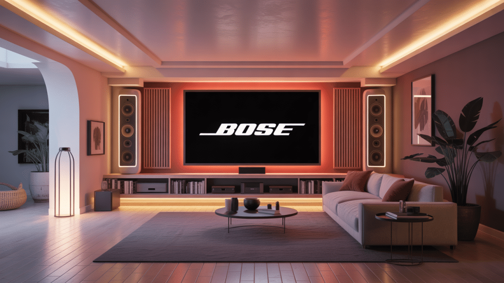 Home cinéma Bose autour d'un téléviseur dans salon moderne
