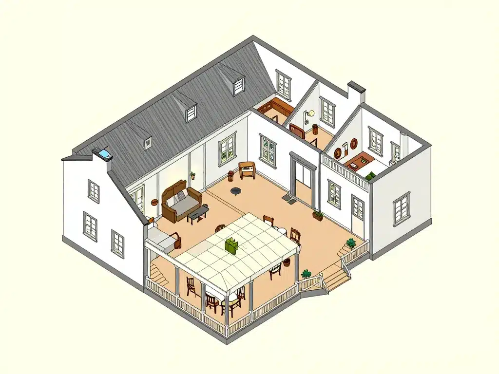 plan intérieur maison colonial avec véranda