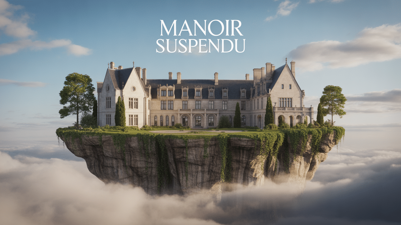 illustration manoir suspendu mélange architecture et ambiance mystérieuse
