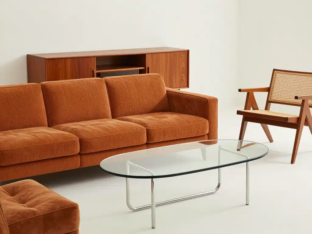 Meubles salon année 70 matières vintage rétro