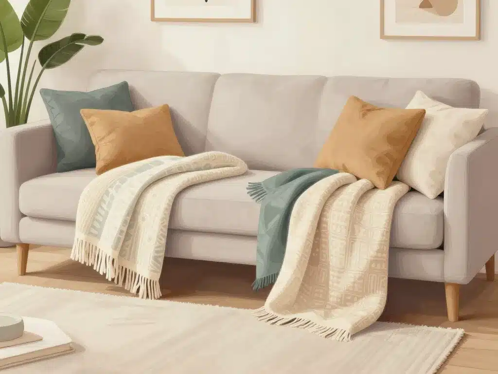 salon décoré avec plaid pour grand canapé en différentes textures