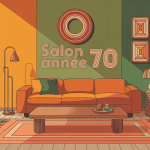 Salon année 70 ambiance rétro chaleureuse illustration