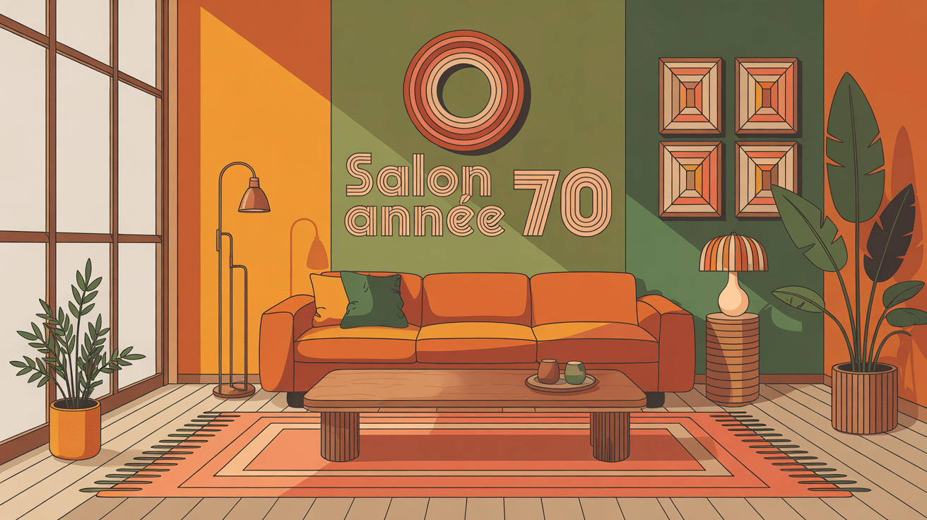 Salon année 70 ambiance rétro chaleureuse illustration