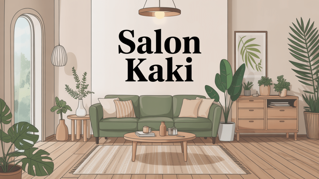 Salon kaki moderne avec canapé, bois clair et lumière douce