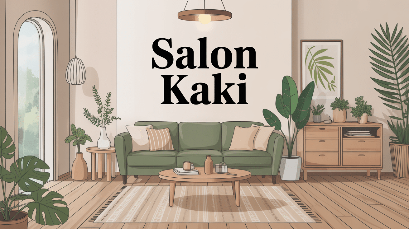Salon kaki moderne avec canapé, bois clair et lumière douce