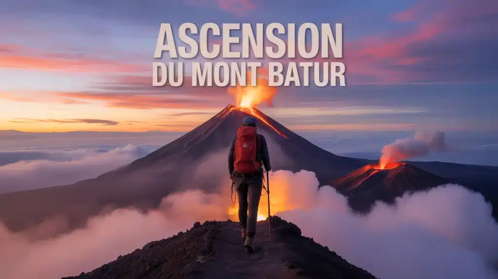 Randonneur avec lampe frontale gravissant Mont Batur au lever du soleil