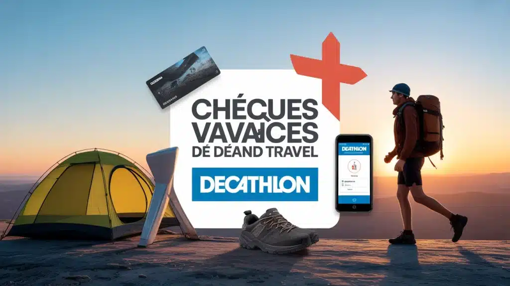 illustration moderne chèques vacances Decathlon avec équipement de camping et voyageur