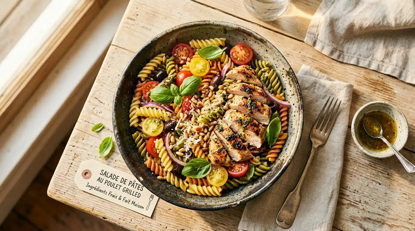 Salade de poulet et pâtes fraîche et colorée