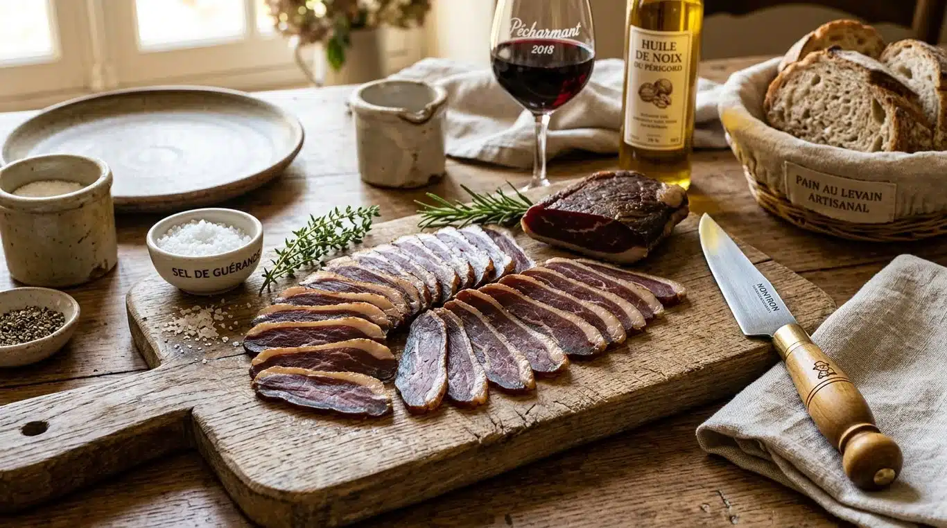 Tranches de magret de canard séché maison accompagnées d'un couteau de Nontron