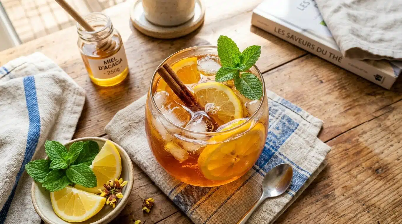 Verre de thé glacé au honeybush avec agrumes et menthe