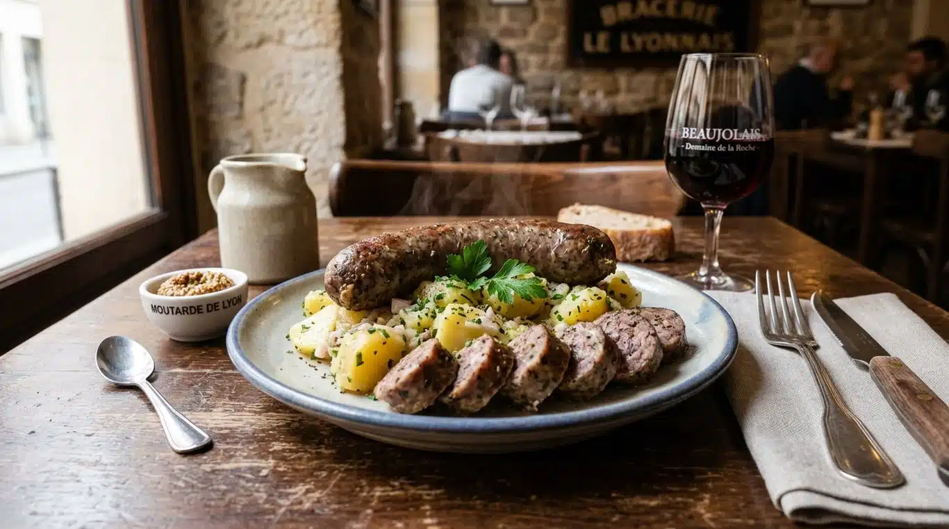 Saucisson chaud à la lyonnaise servi avec une salade de pommes de terre