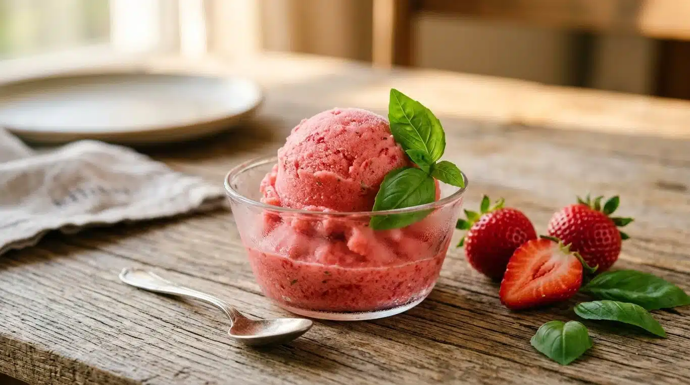 Sorbet fraise-basilic artisanal fait maison