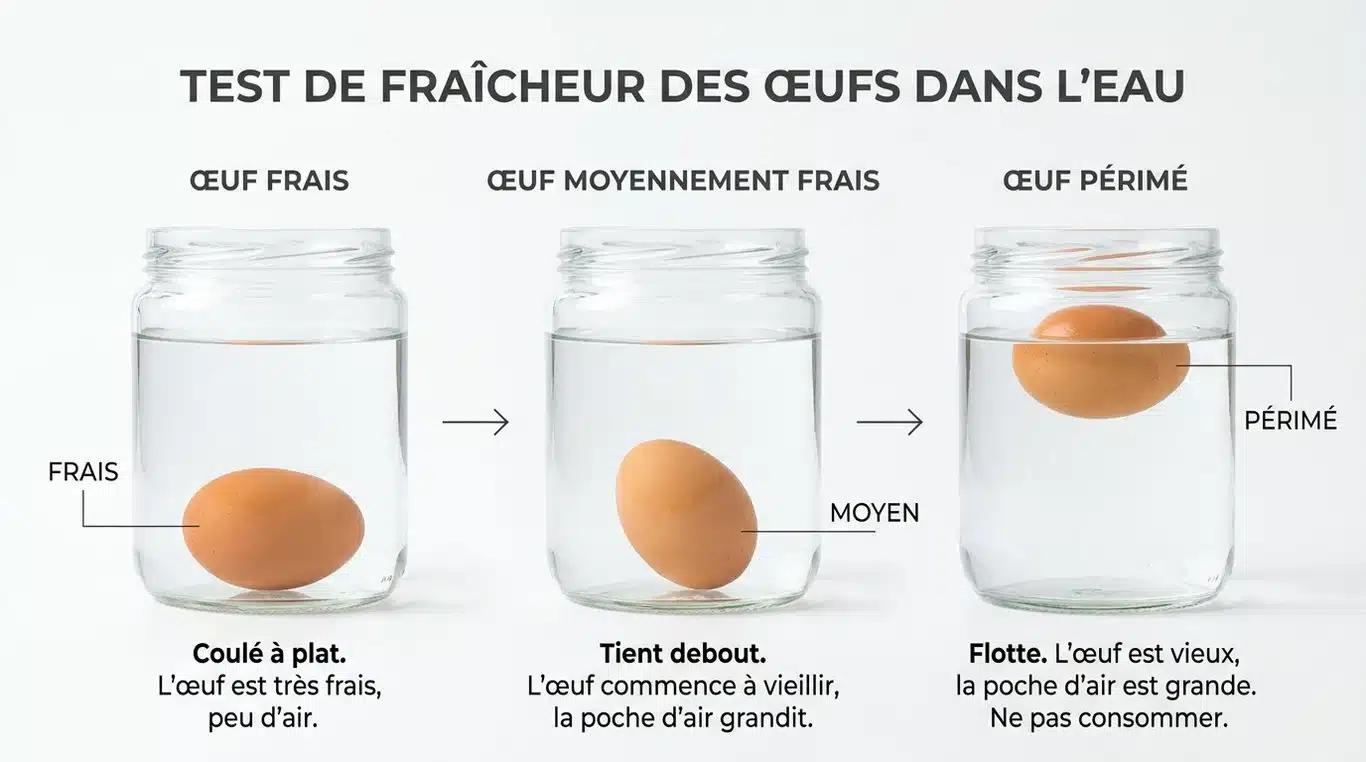 Illustration du test du verre d'eau pour vérifier la fraîcheur des œufs