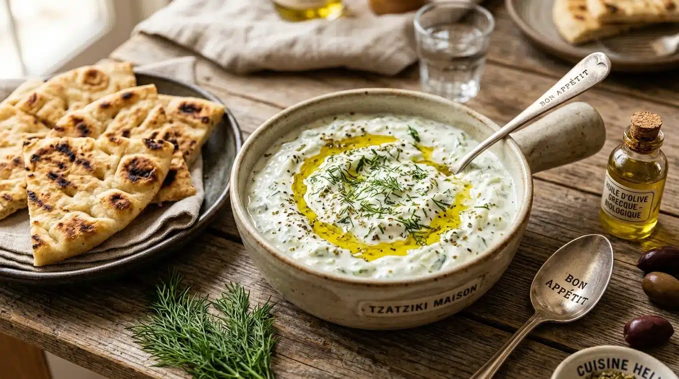 Bol de tzatziki frais servi avec du pain pita chaud