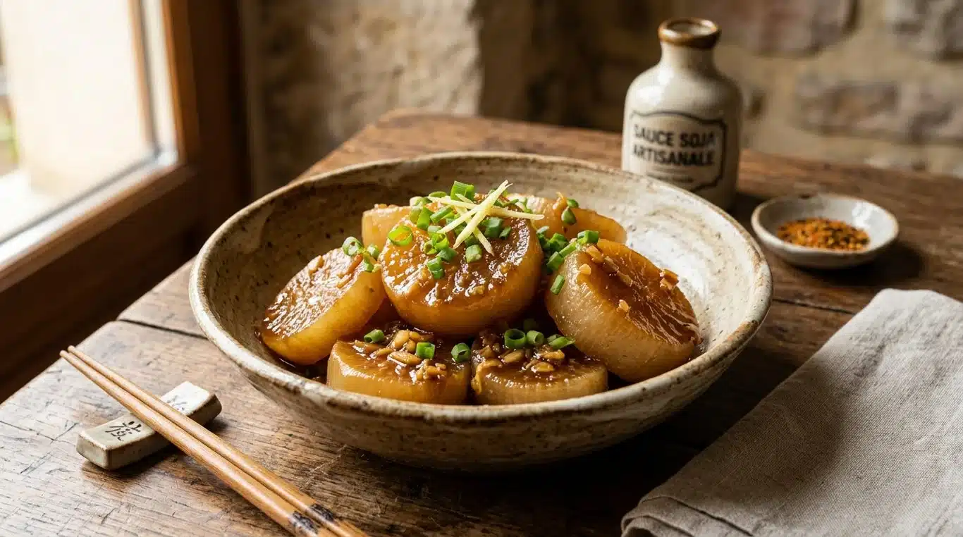 Radis blanc braisé au gingembre et au soja dans un bol en céramique