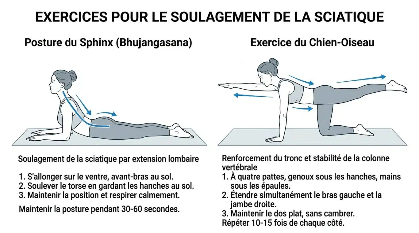 Illustration des exercices de soulagement de la sciatique : posture du Sphinx et exercice du Chien-Oiseau