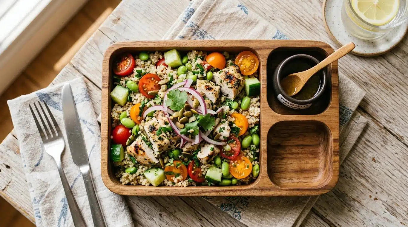 Salade de quinoa croquante et poulet citronné dans une boîte repas