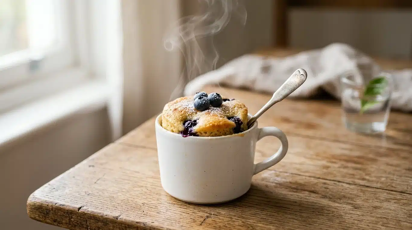 Mug cake nature moelleux dans une tasse blanche sur une table en bois