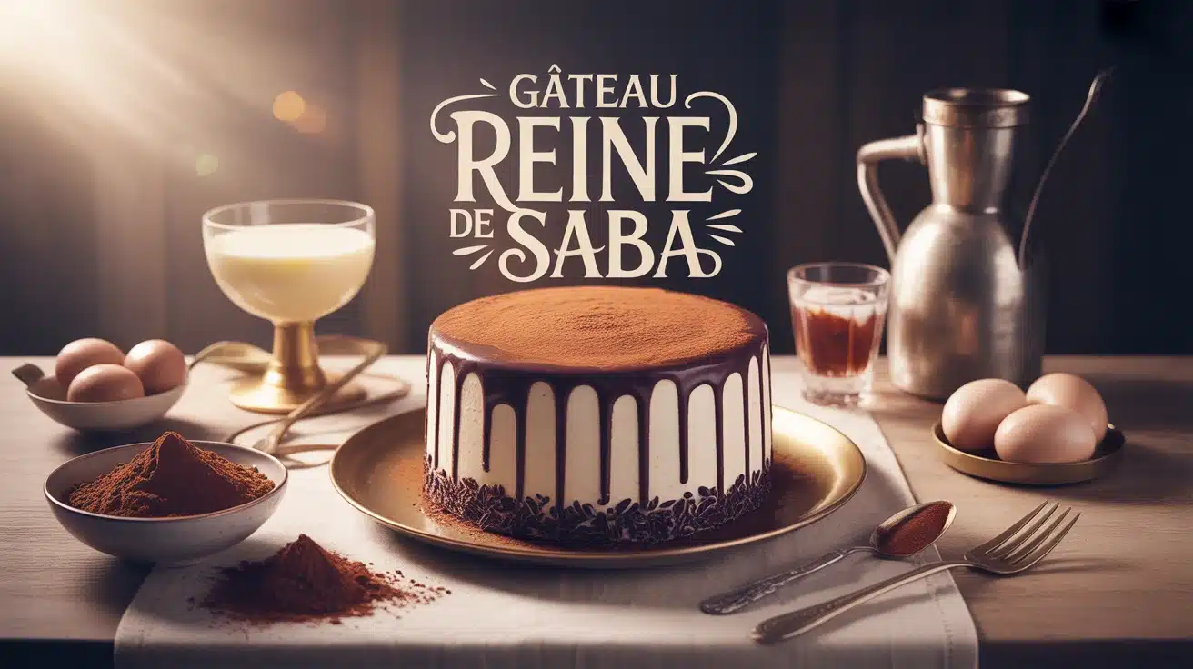 Illustration gâteau Reine de Saba avec ingrédients clés