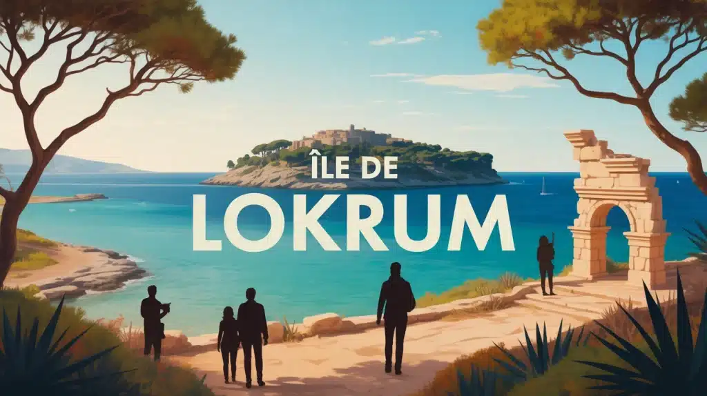 illustration vectorielle de lîle de Lokrum avec mer turquoise et ruines historiques