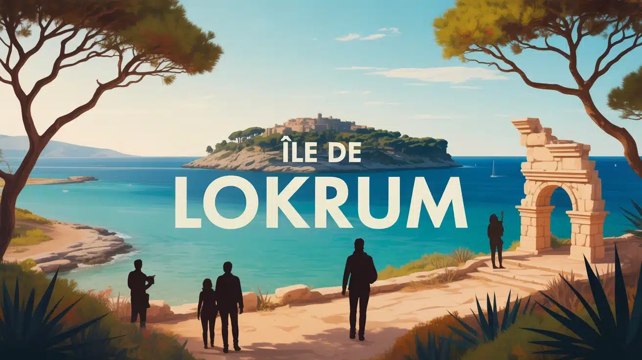 illustration vectorielle de lîle de Lokrum avec mer turquoise et ruines historiques