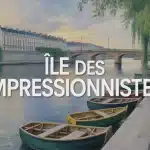 Illustration colorée de l'Île des Impressionnistes avec canots sur la Seine