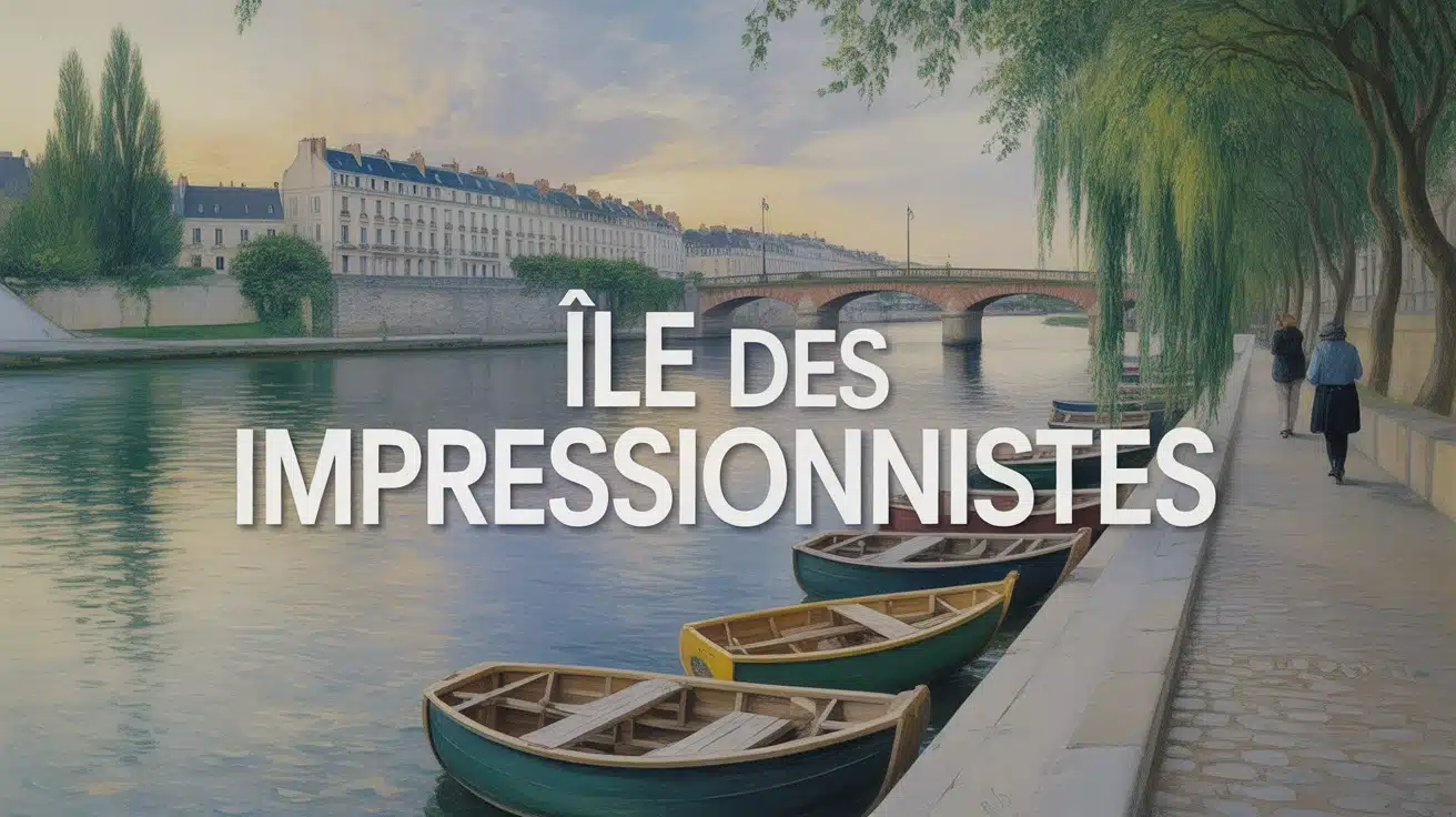 Illustration colorée de l'Île des Impressionnistes avec canots sur la Seine