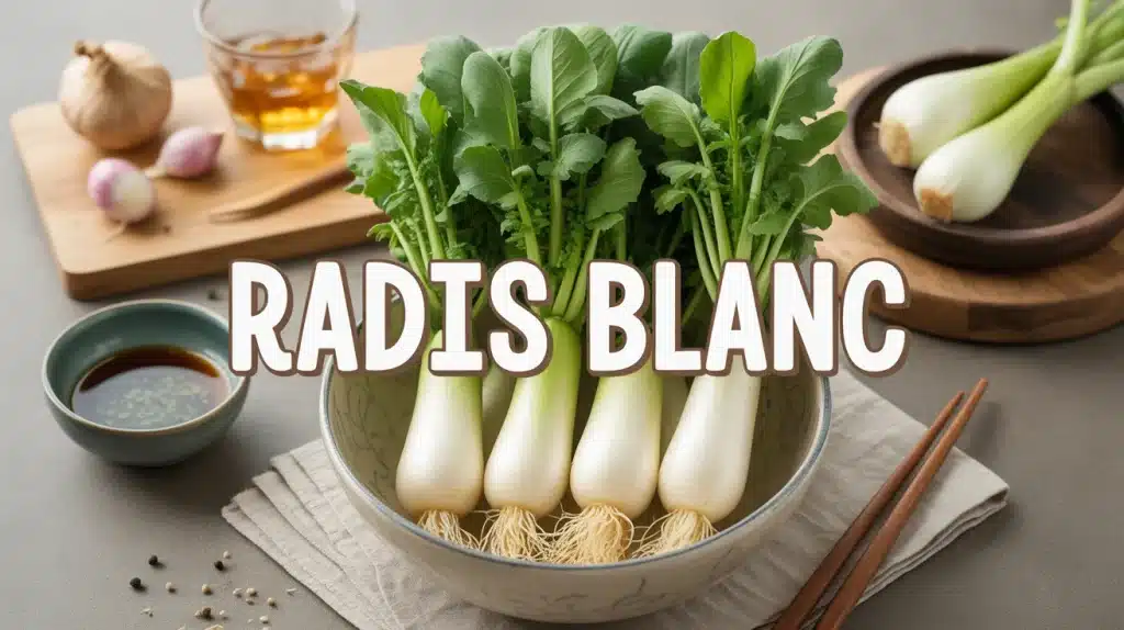 Illustration radis blanc avec ingrédients asiatiques en arrière-plan