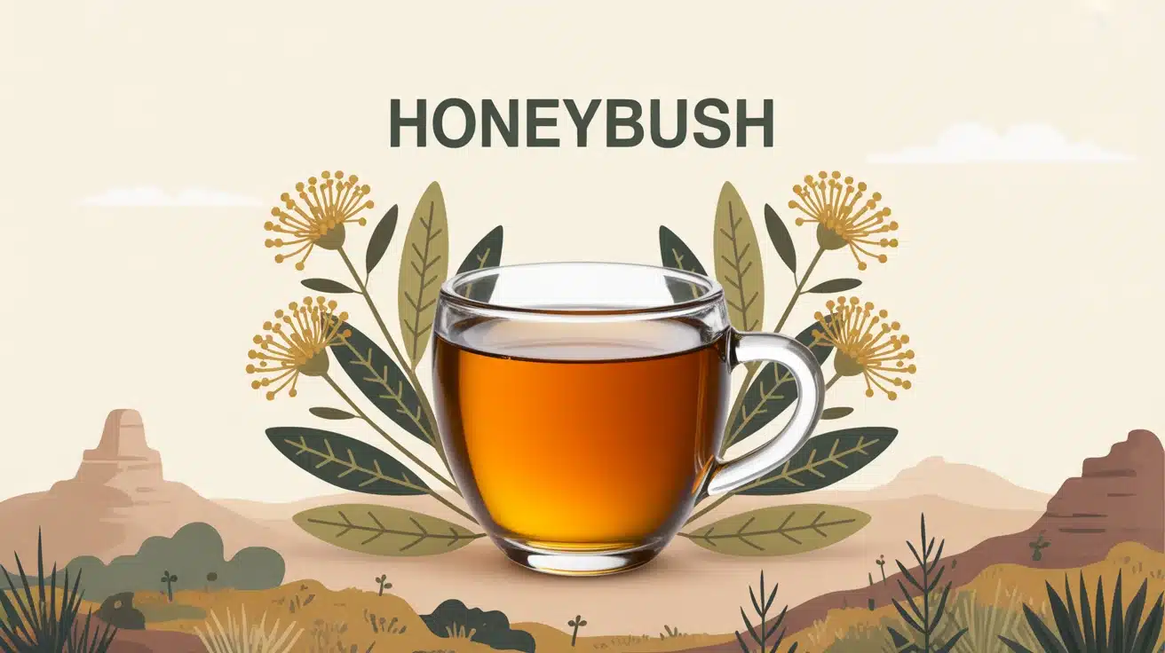 Tasse fumante de Honeybush avec feuilles et fleurs jaunes