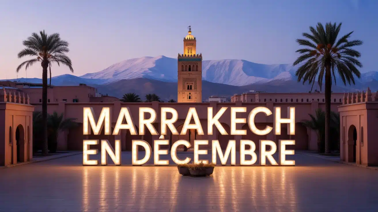 Illustration Marrakech en décembre avec palmiers et Koutoubia