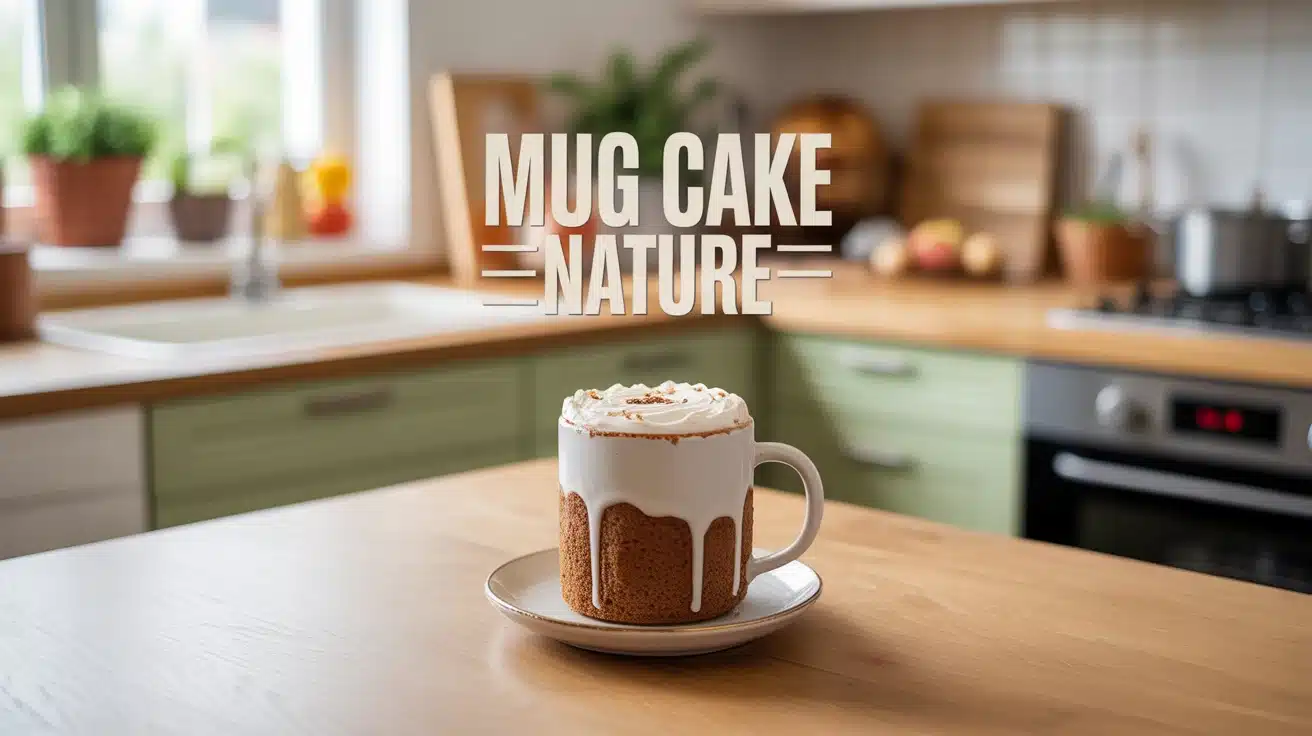 mug cake nature moelleux dans une tasse blanche sur table en bois