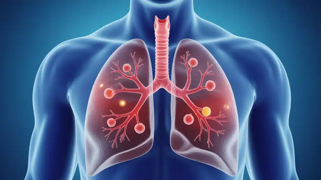 illustration poumon stylisé avec nodules pulmonaires lumineux