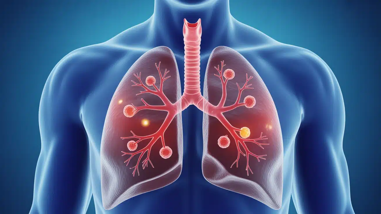 illustration poumon stylisé avec nodules pulmonaires lumineux