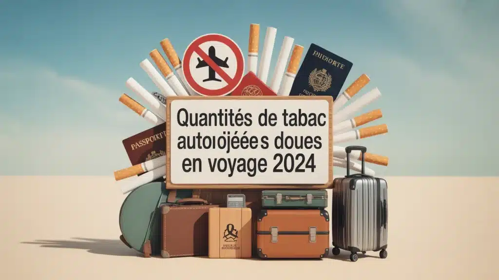 Illustration vectorielle des quantités de tabac autorisées en voyage 2024 avec symboles de voyage et douanes