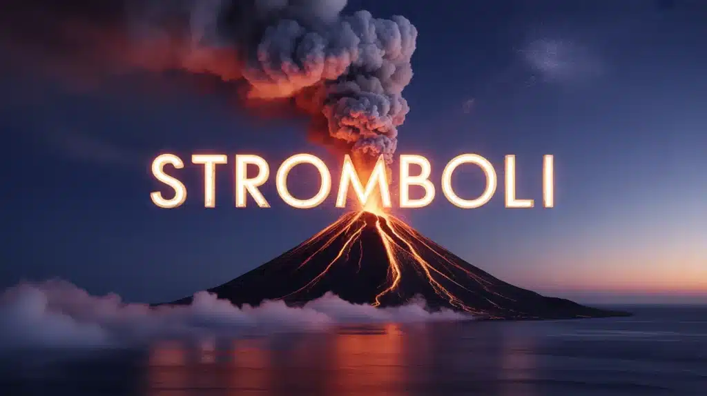 Illustration vectorielle du volcan Stromboli en éruption sous ciel étoilé