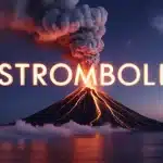 Illustration vectorielle du volcan Stromboli en éruption sous ciel étoilé
