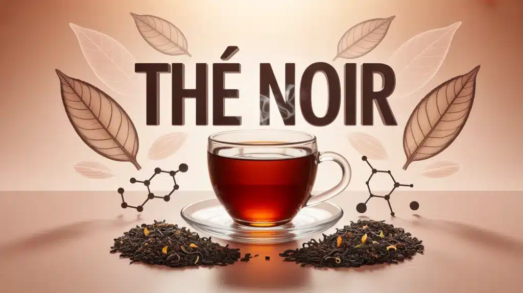 Tasse de thé noir fumante avec feuilles et molécules santé