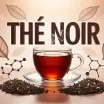 Tasse de thé noir fumante avec feuilles et molécules santé