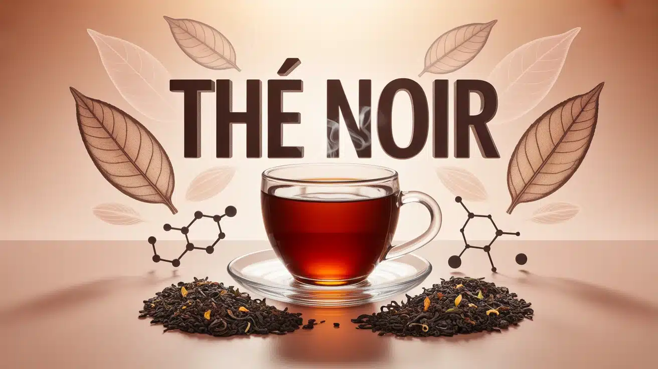 Tasse de thé noir fumante avec feuilles et molécules santé
