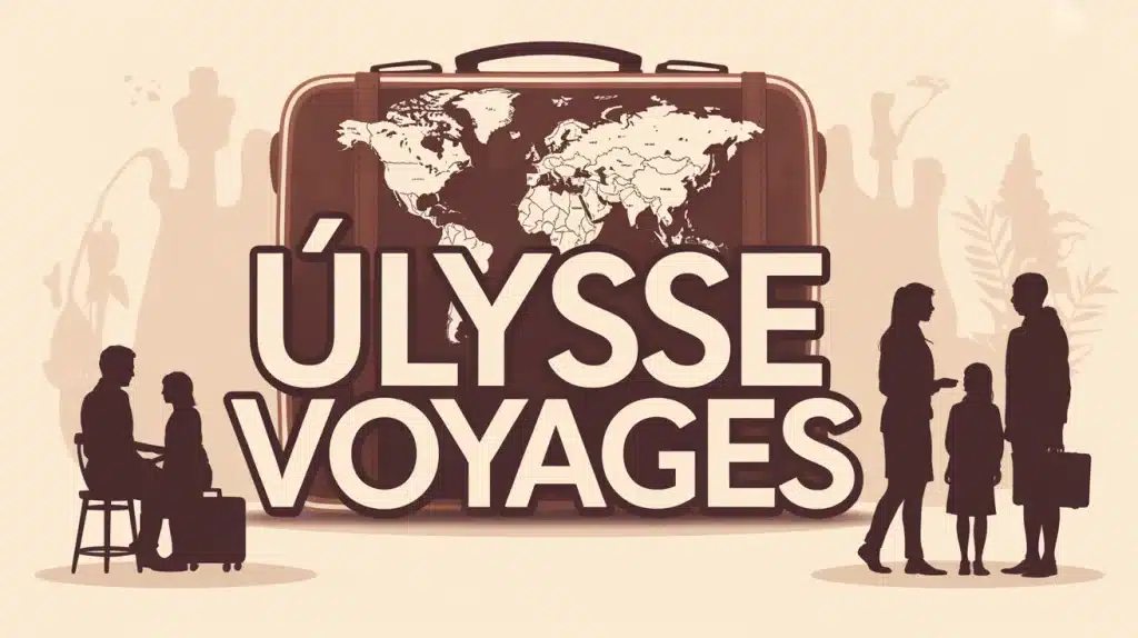 Agence Ulysse Voyages avec valise et carte du monde