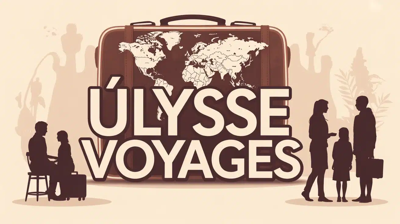 Agence Ulysse Voyages avec valise et carte du monde